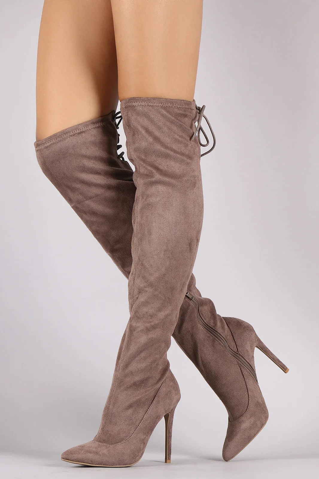 Suede Back Lace Up Stretchy Stiletto Boots