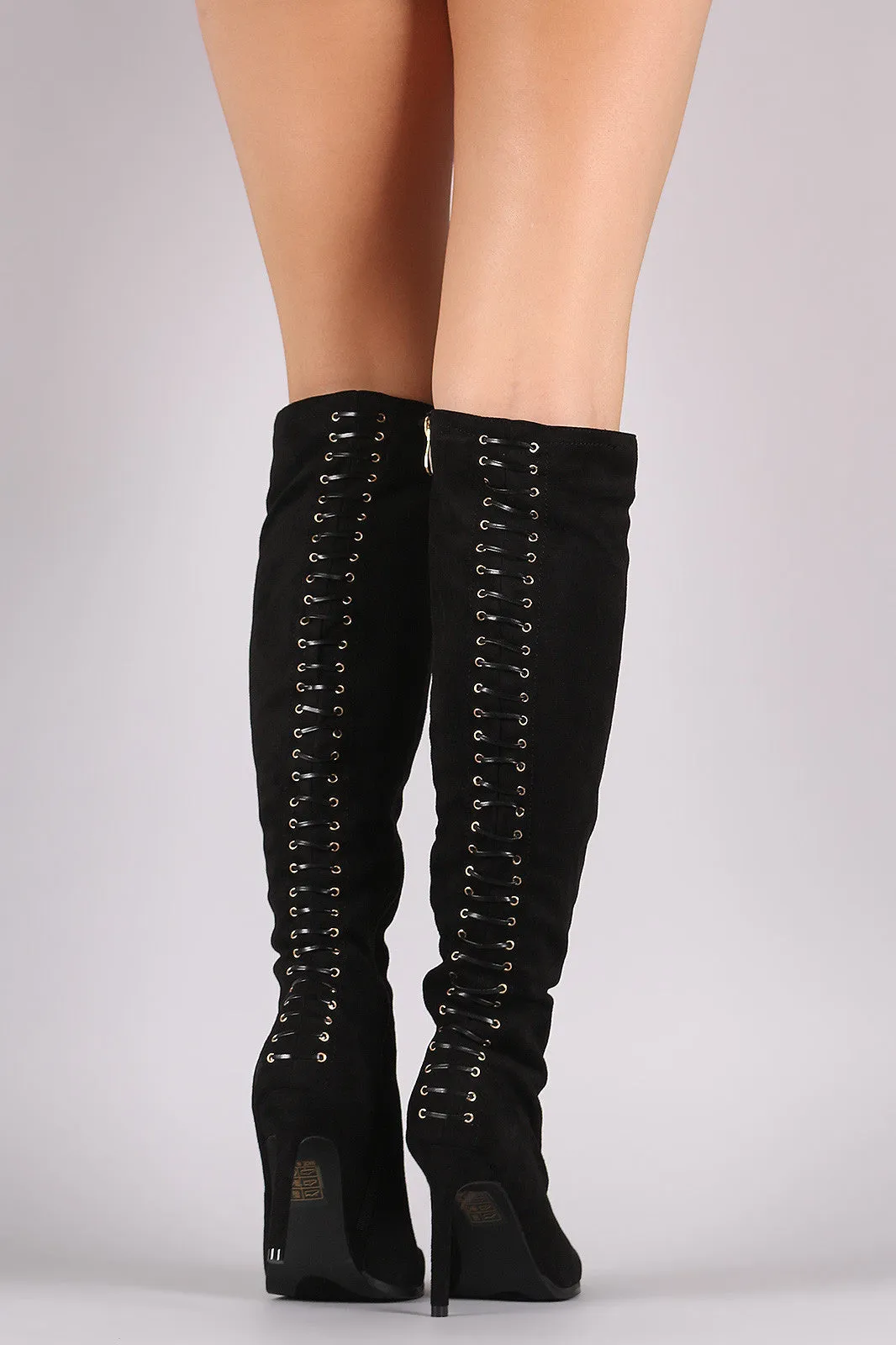 Suede Grommets Corset Lace Up Stiletto Boots