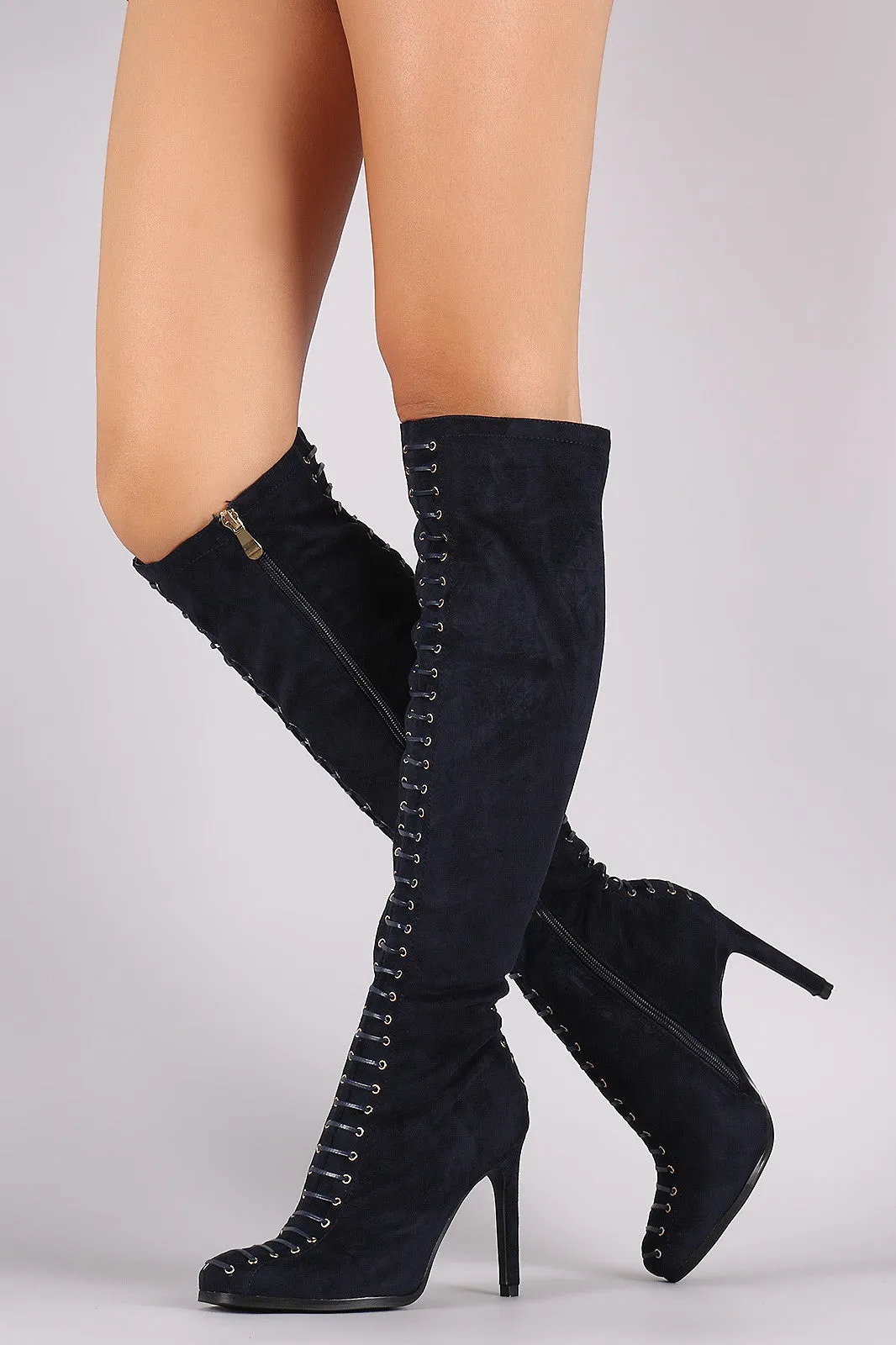 Suede Grommets Corset Lace Up Stiletto Boots