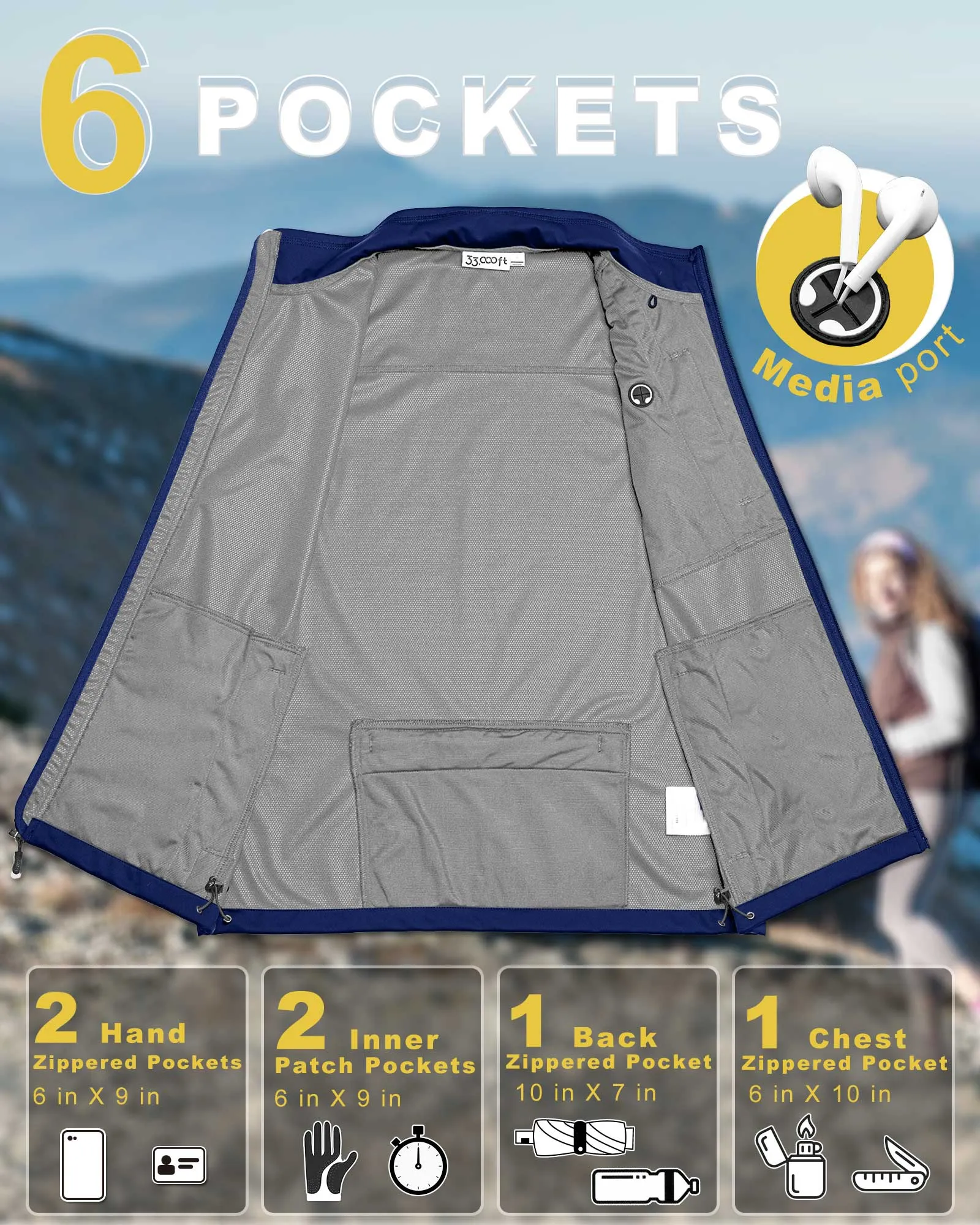 Women's Windproof Vest Outerwear with 6 Pockets and Reoflective Design: 0.77lbs 10000mm W/P index 10000 Level Breathable