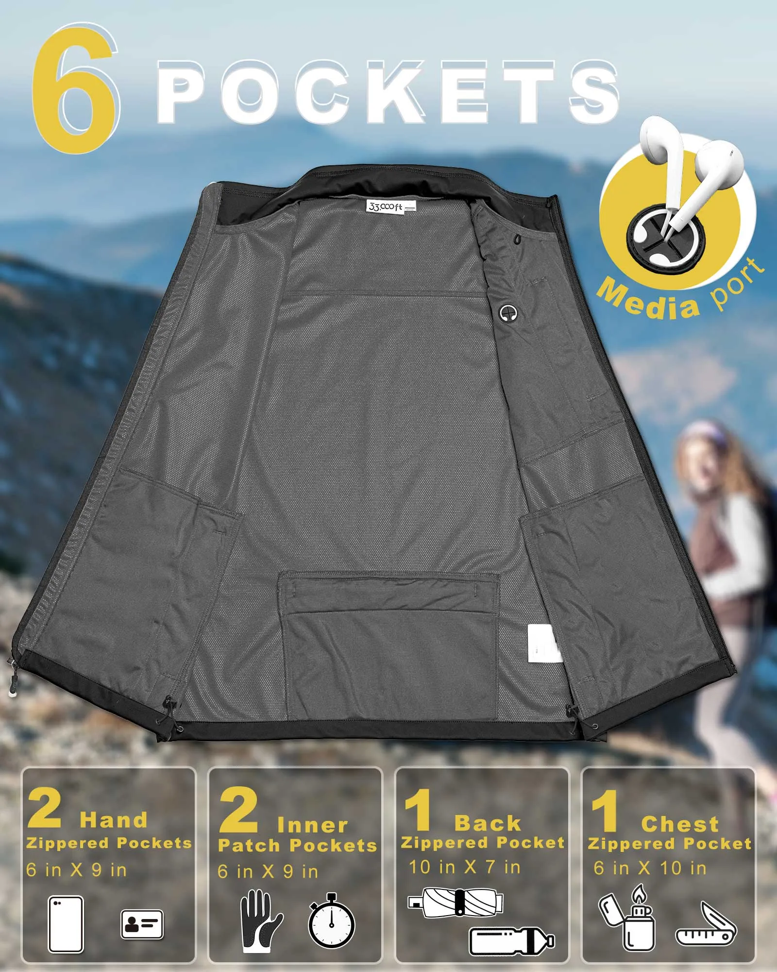 Women's Windproof Vest Outerwear with 6 Pockets and Reoflective Design: 0.77lbs 10000mm W/P index 10000 Level Breathable