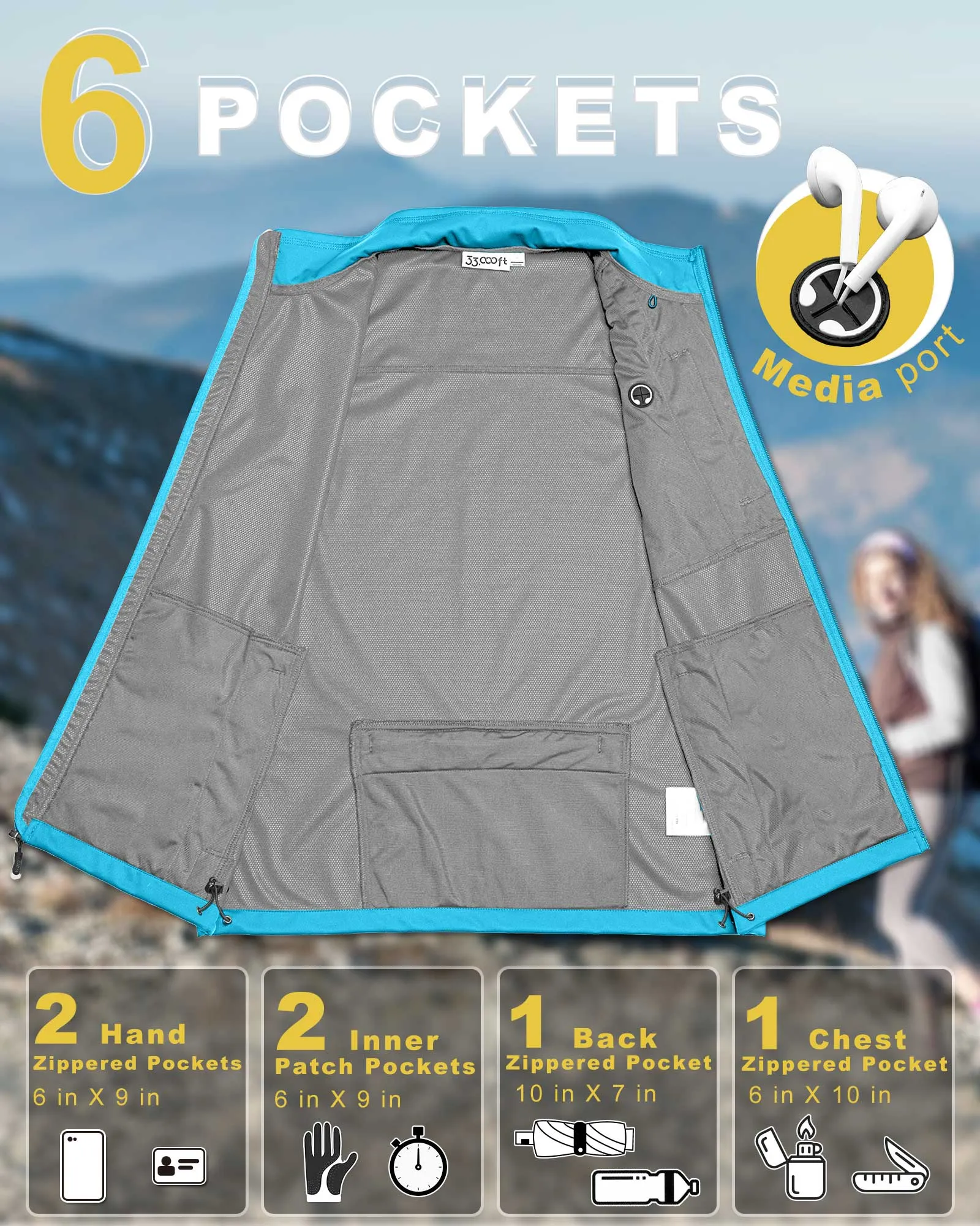 Women's Windproof Vest Outerwear with 6 Pockets and Reoflective Design: 0.77lbs 10000mm W/P index 10000 Level Breathable