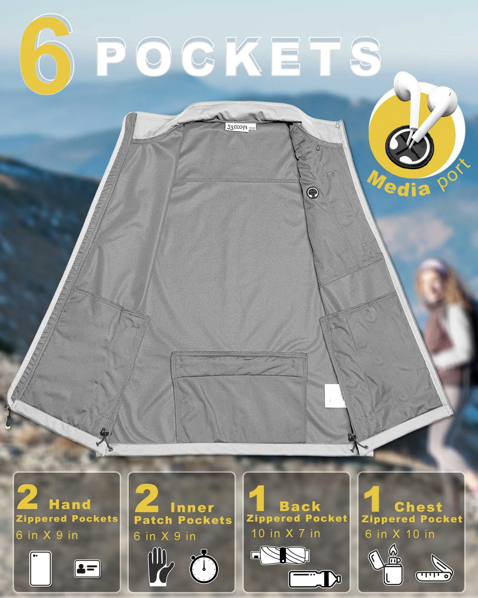 Women's Windproof Vest Outerwear with 6 Pockets and Reoflective Design: 0.77lbs 10000mm W/P index 10000 Level Breathable