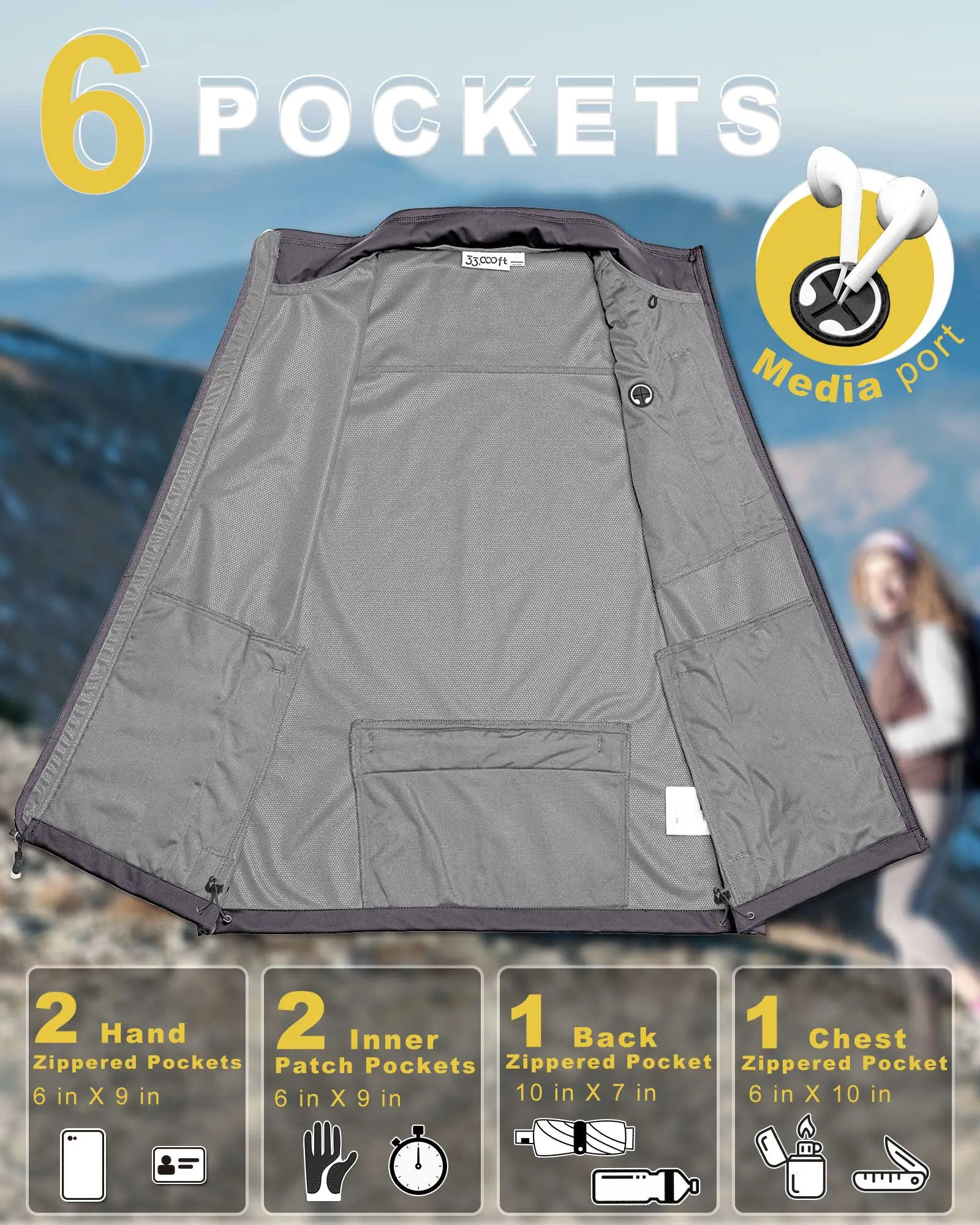 Women's Windproof Vest Outerwear with 6 Pockets and Reoflective Design: 0.77lbs 10000mm W/P index 10000 Level Breathable