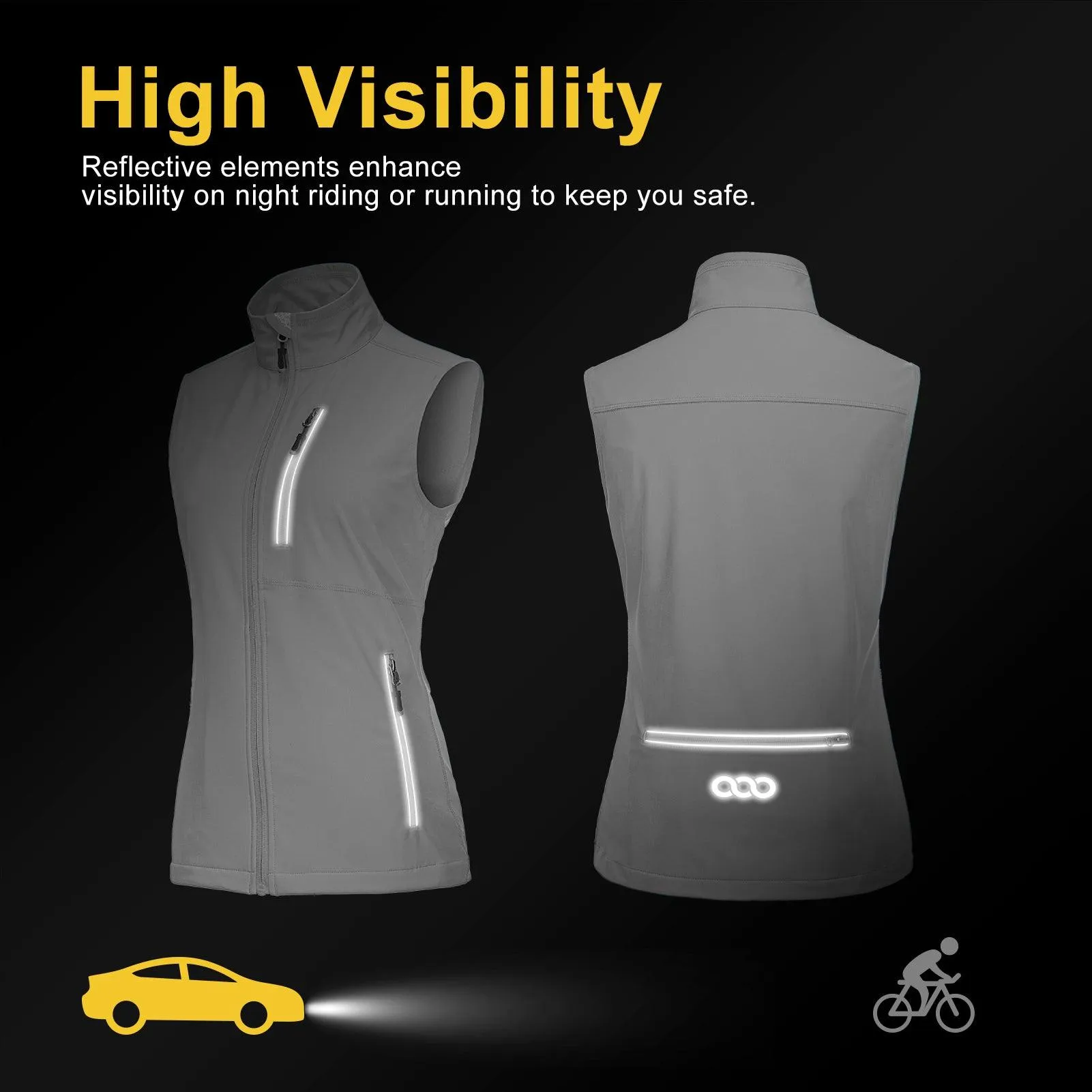 Women's Windproof Vest Outerwear with 6 Pockets and Reoflective Design: 0.77lbs 10000mm W/P index 10000 Level Breathable