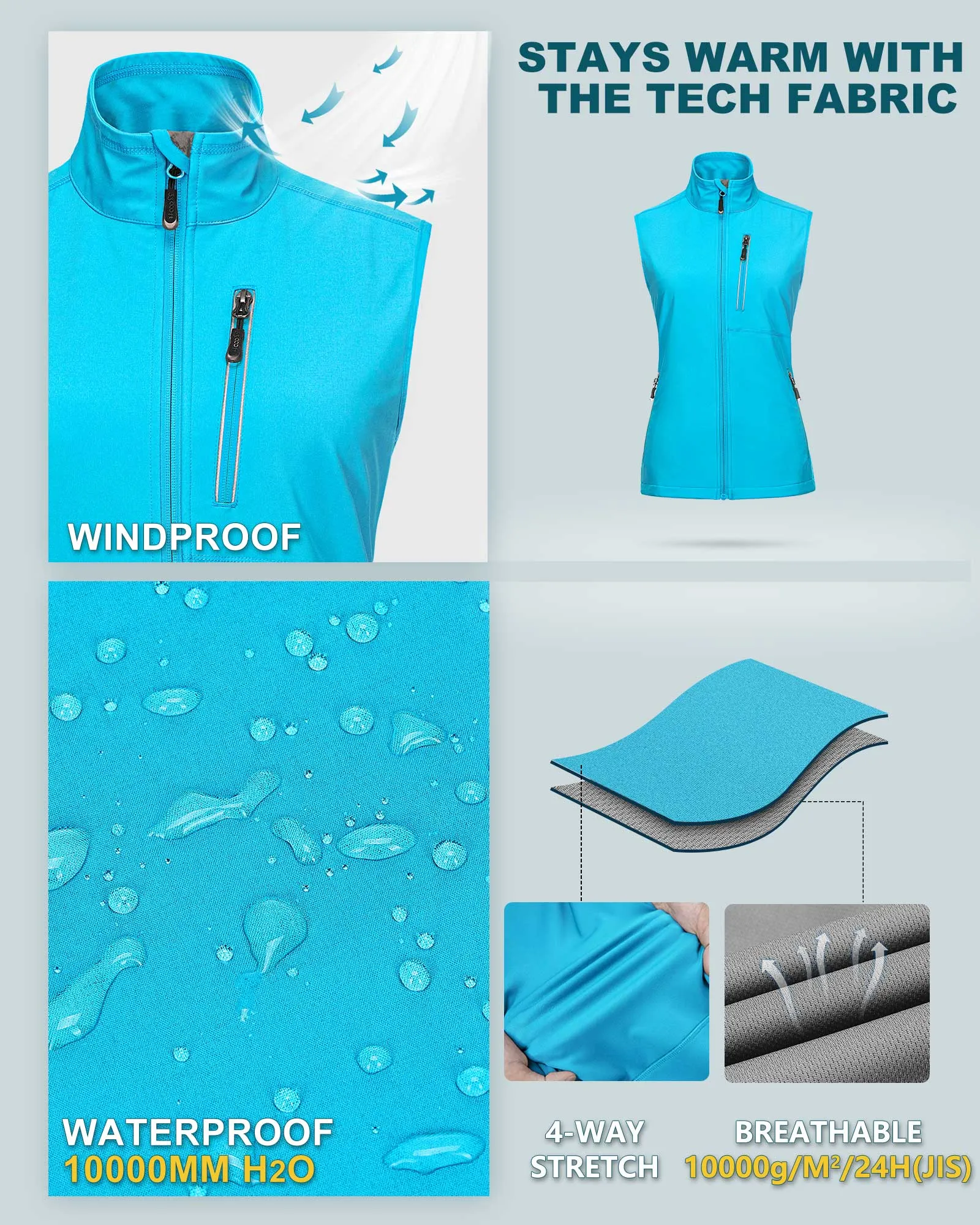 Women's Windproof Vest Outerwear with 6 Pockets and Reoflective Design: 0.77lbs 10000mm W/P index 10000 Level Breathable